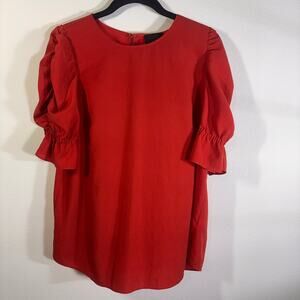 Alex Marie Red/orange Puff Sleeve Blouse Top Short Sleeve Keyhole Back L